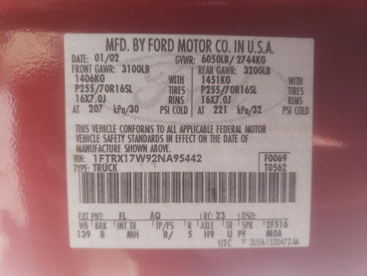 Photo 10 from auction – 2002 FORD F-150 with VIN 1FTRX17W92NA95442