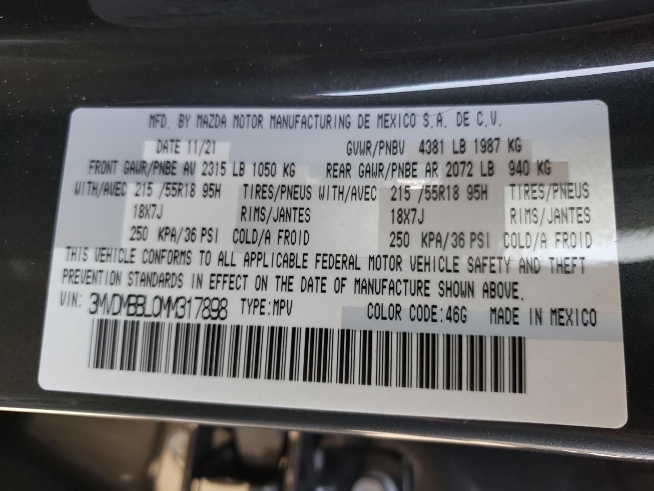 Photo 10 from auction – 2021 MAZDA CX-30 SELE with VIN 3MVDMBBL0MM317898