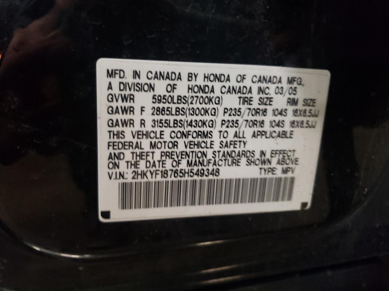 Photo 10 from auction – 2005 HONDA PILOT EXL with VIN 2HKYF18765H549348