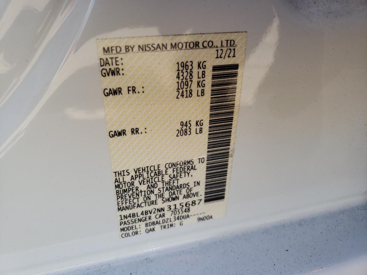 Photo 10 from auction – 2022 NISSAN ALTIMA with VIN 1N4BL4BV2NN315687