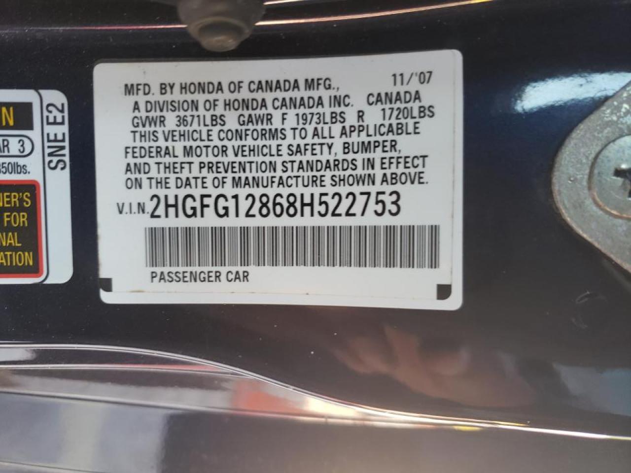 Photo 10 from auction – 2008 HONDA CIVIC EX with VIN 2HGFG12868H522753