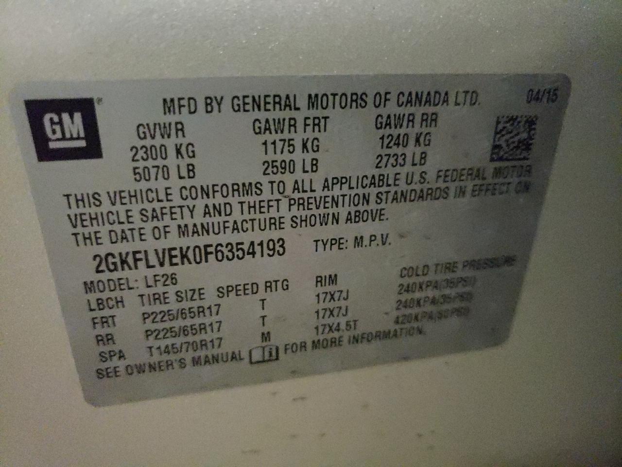 Photo 10 from auction – 2015 GMC TERRAIN SL with VIN 2GKFLVEK0F6354193