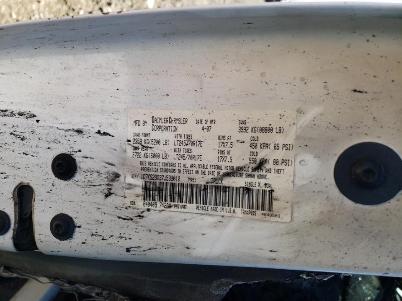Photo 10 from auction – 2007 DODGE RAM 2500 S with VIN 1D7KS28D37J599010
