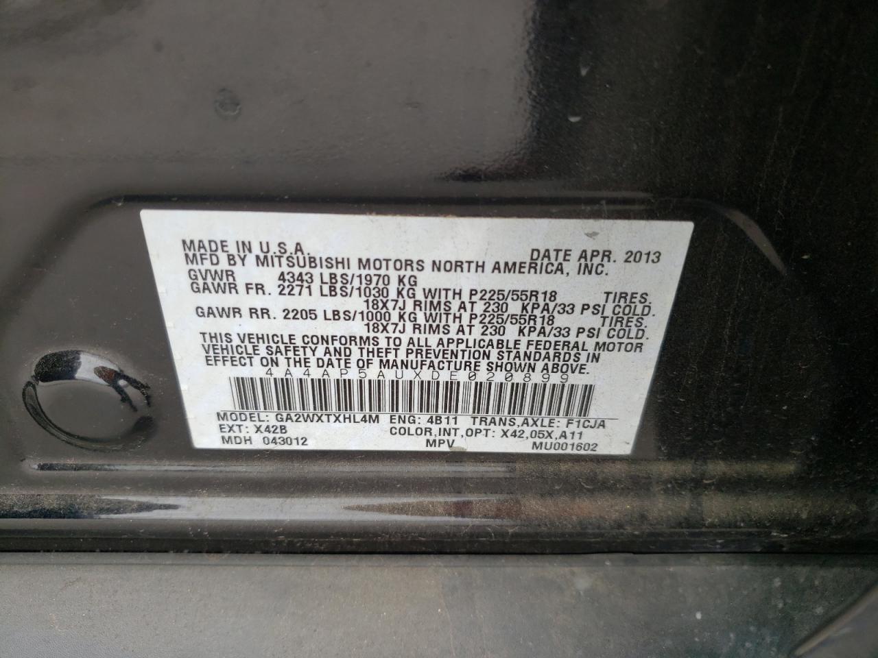 Photo 10 from auction – 2013 MITSUBISHI OUTLANDER with VIN 4A4AP5AUXDE020899