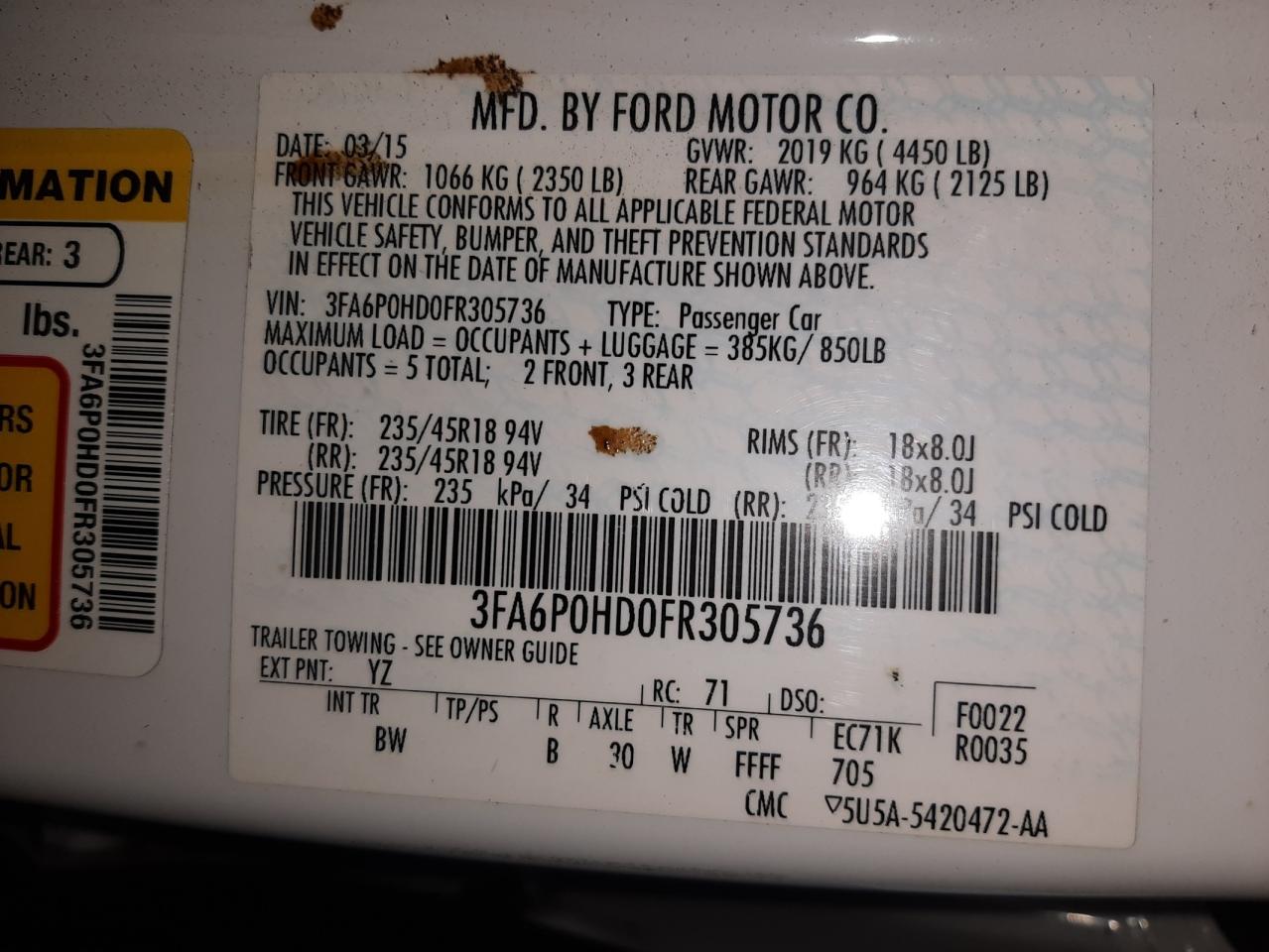Photo 10 from auction – 2015 FORD FUSION SE with VIN 3FA6P0HD0FR305736