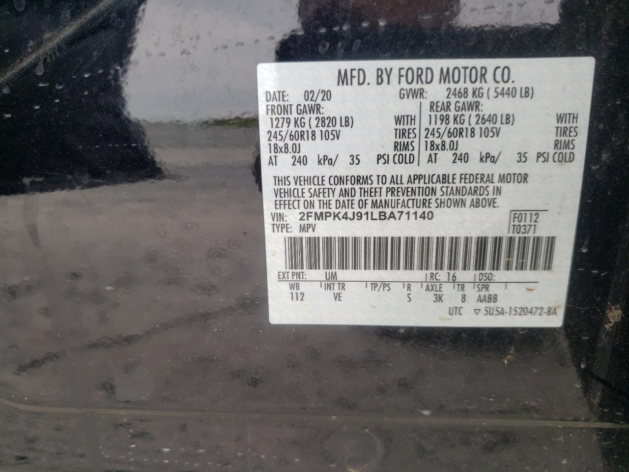Photo 10 from auction – 2020 FORD EDGE SEL with VIN 2FMPK4J91LBA71140