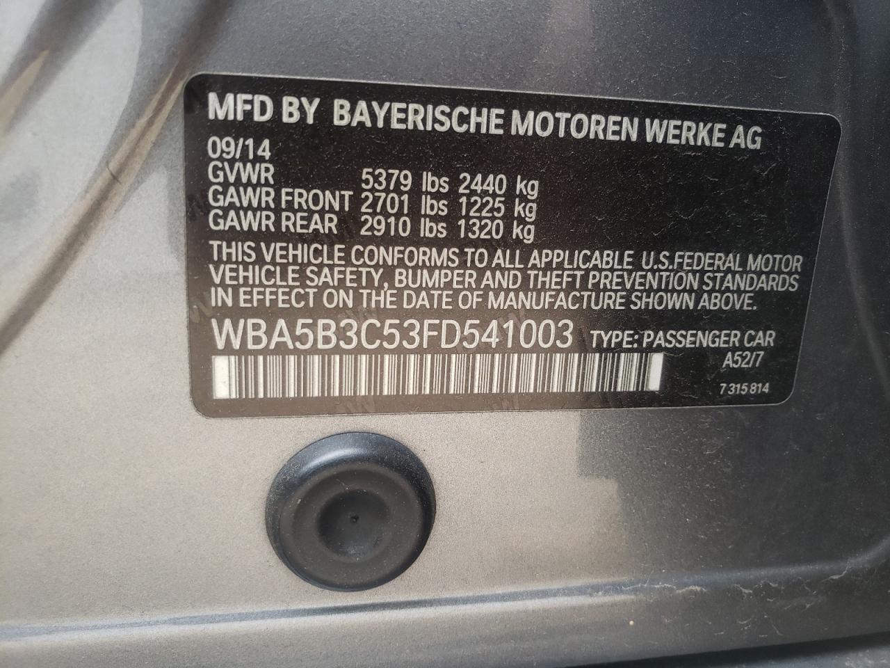 Photo 10 from auction – 2015 BMW 535 XI with VIN WBA5B3C53FD541003