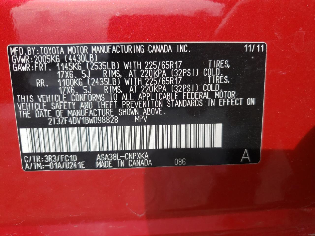 Photo 10 from auction – 2011 TOYOTA RAV4 with VIN 2T3ZF4DV1BW098828