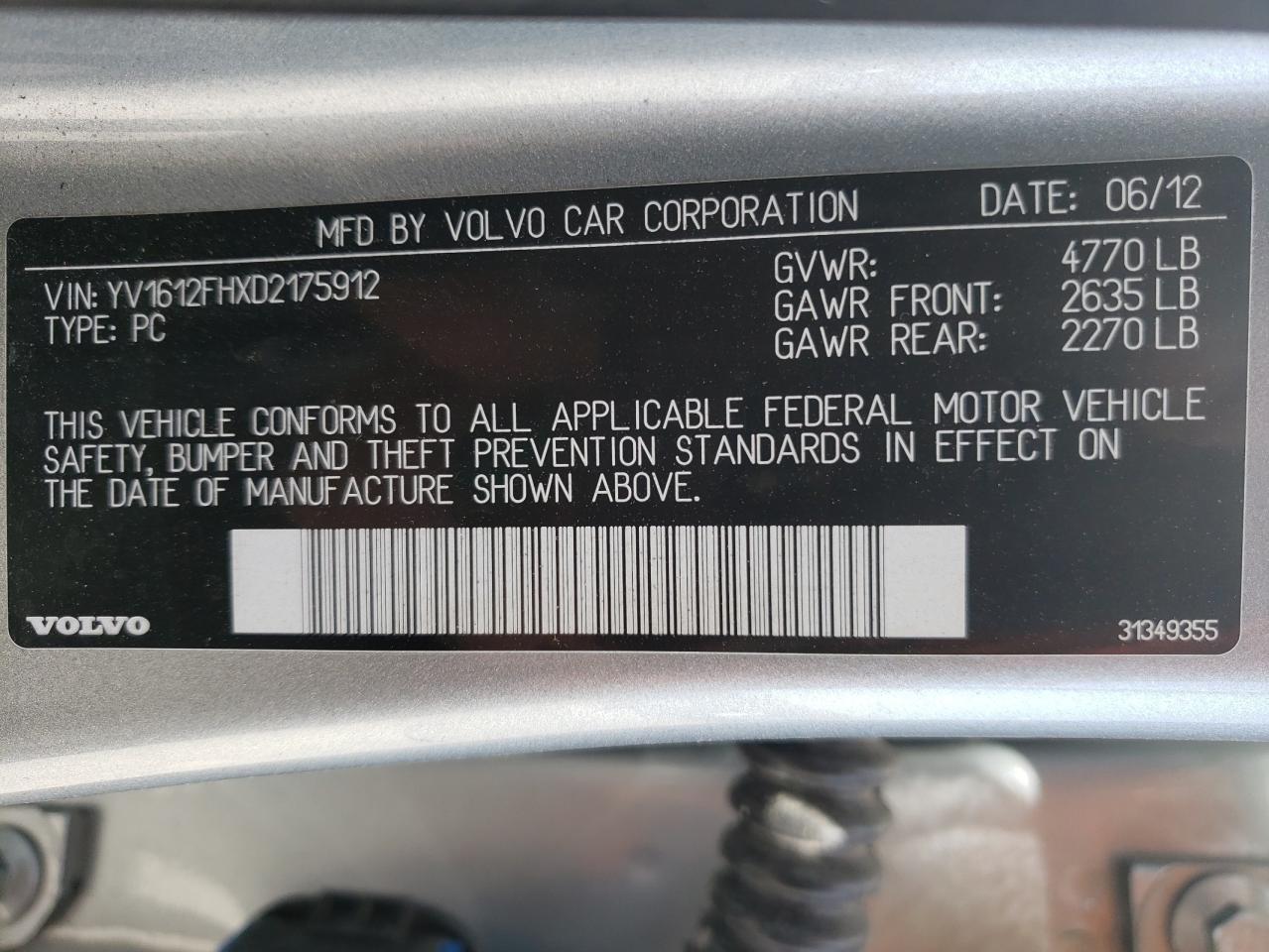 Photo 10 from auction – 2013 VOLVO S60 T5 with VIN YV1612FHXD2175912