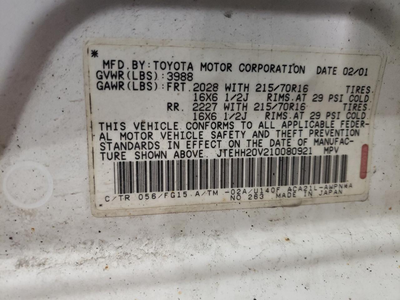 Photo 10 from auction – 2001 TOYOTA RAV4 with VIN JTEHH20V210080921