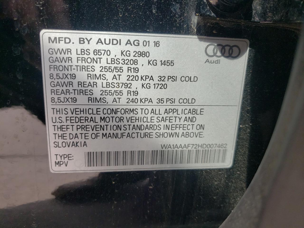Photo 10 from auction – 2017 AUDI Q7 PREMIUM with VIN WA1AAAF72HD007462