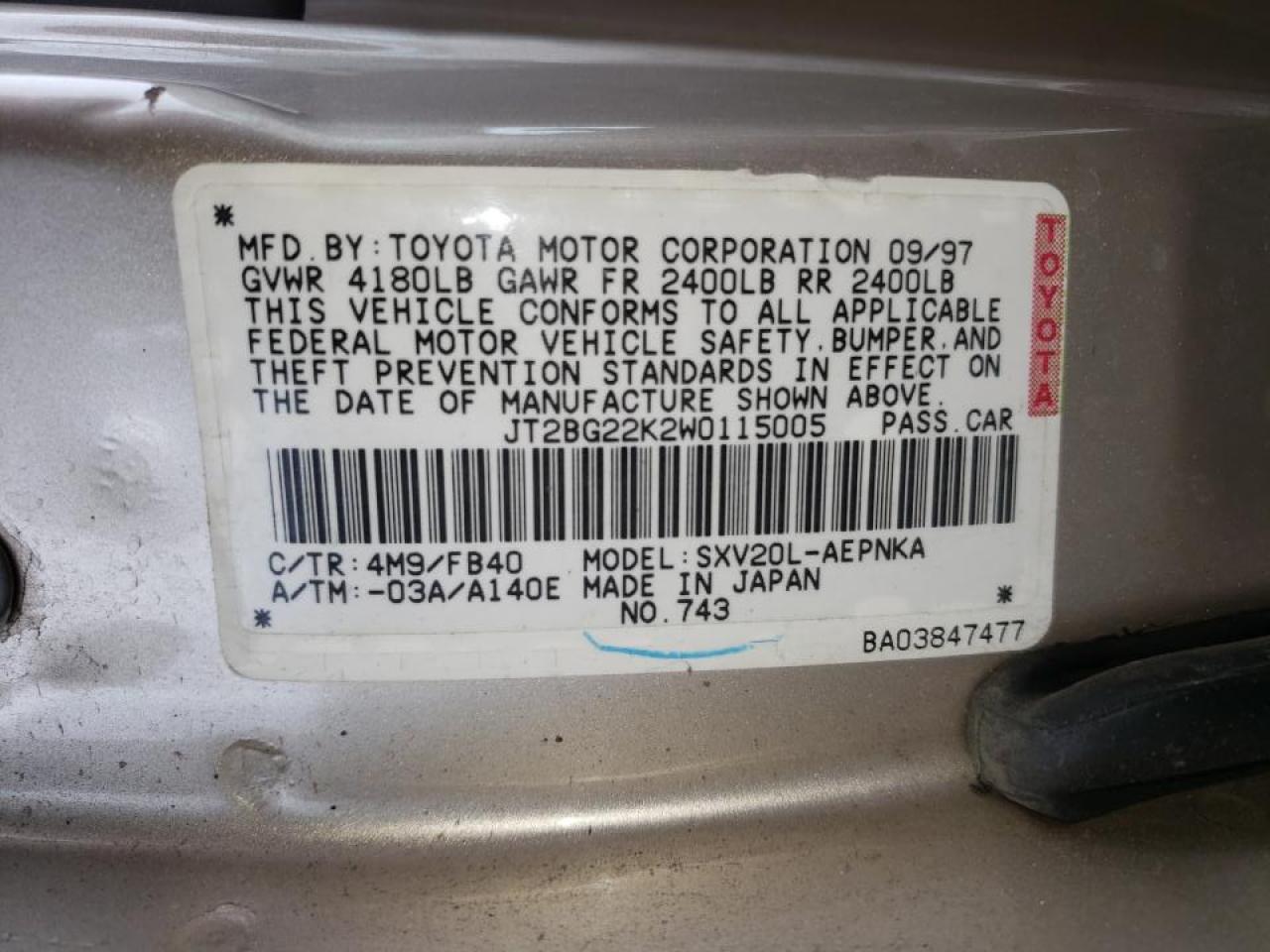 Photo 10 from auction – 1998 TOYOTA CAMRY CE with VIN JT2BG22K2W0115005
