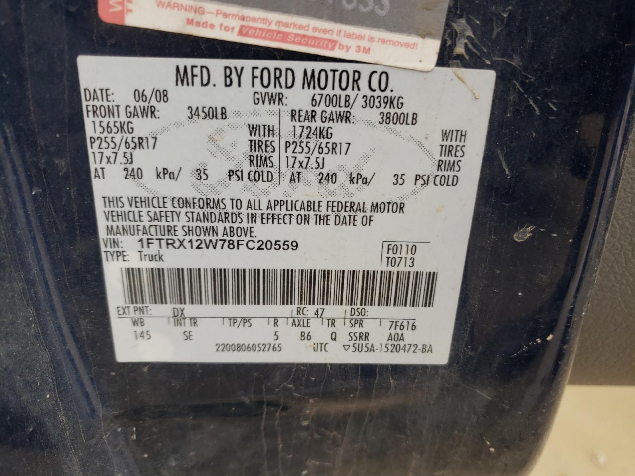 صورة رقم 10 من المزاد - 2008 FORD F150 مع VIN 1FTRX12W78FC20559