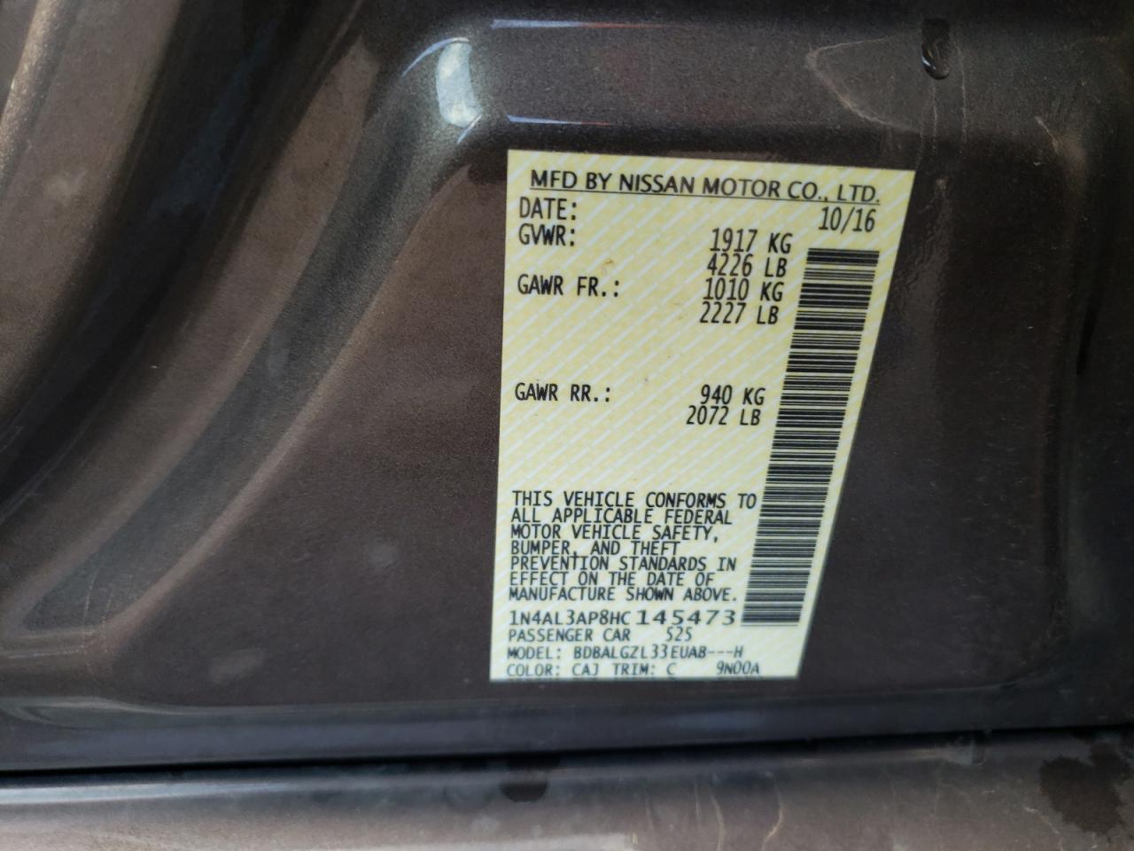 Photo 10 from auction – 2017 NISSAN ALTIMA 2.5 with VIN 1N4AL3AP8HC145473