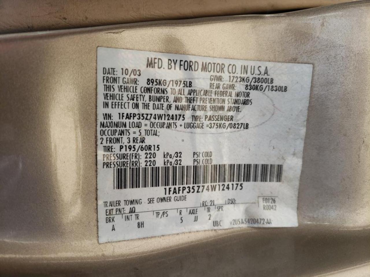 Photo 10 from auction – 2004 FORD FOCUS ZTW with VIN 1FAFP35Z74W124175