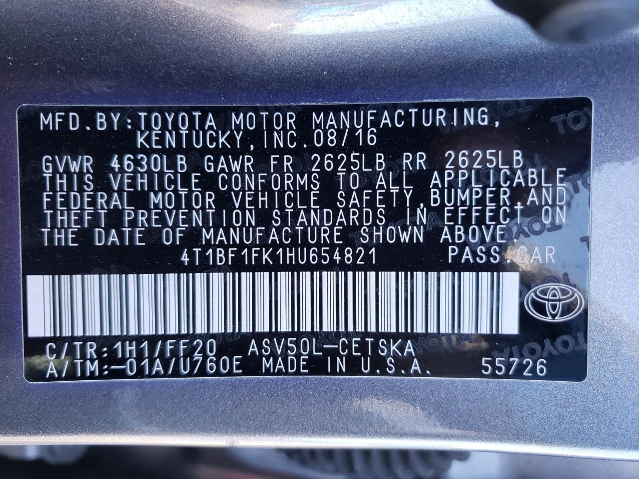 Photo 10 from auction – 2017 TOYOTA CAMRY with VIN 4T1BF1FK1HU654821