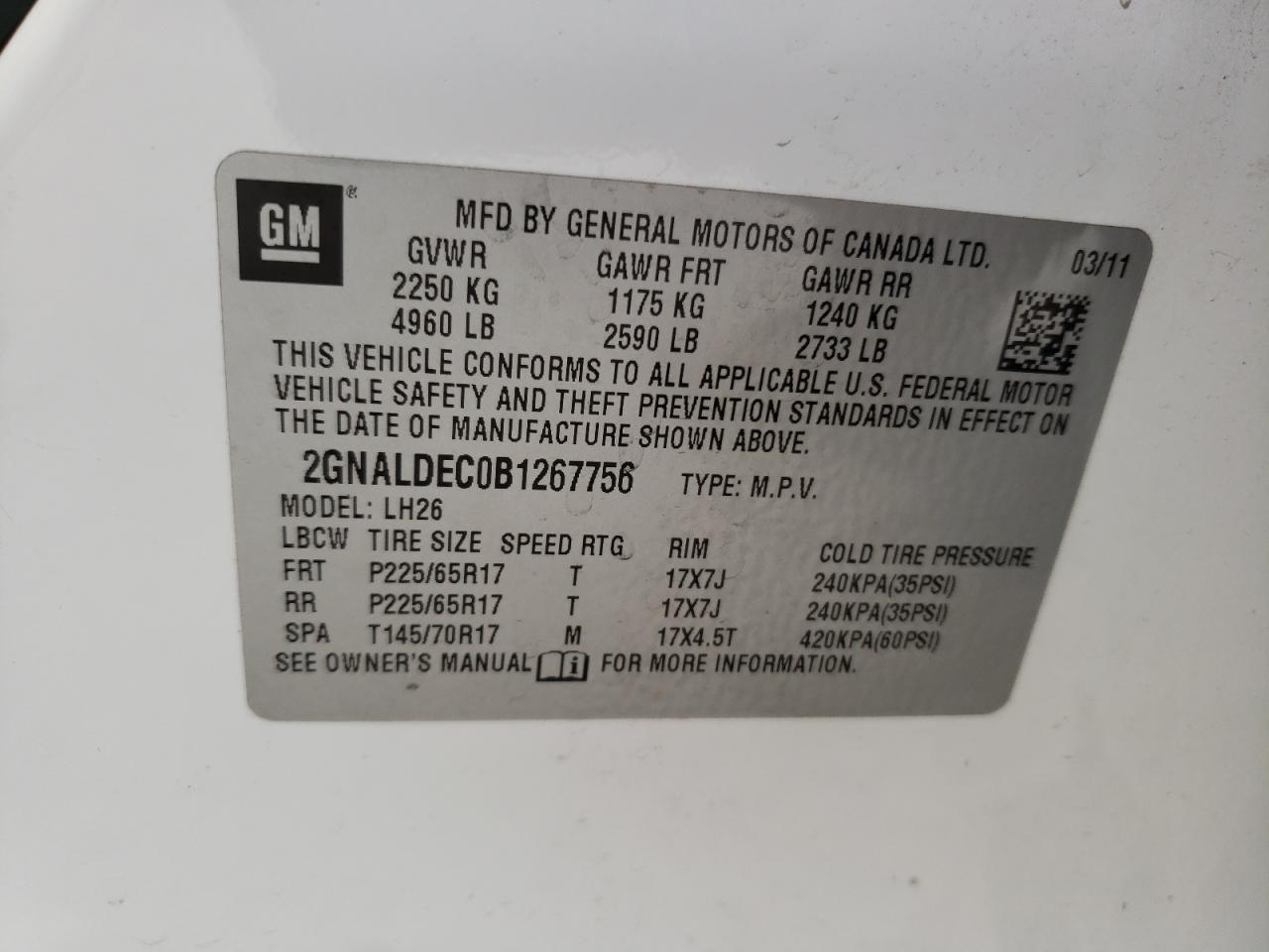 Photo 10 from auction – 2011 CHEVROLET EQUINOX LT with VIN 2GNALDEC0B1267756