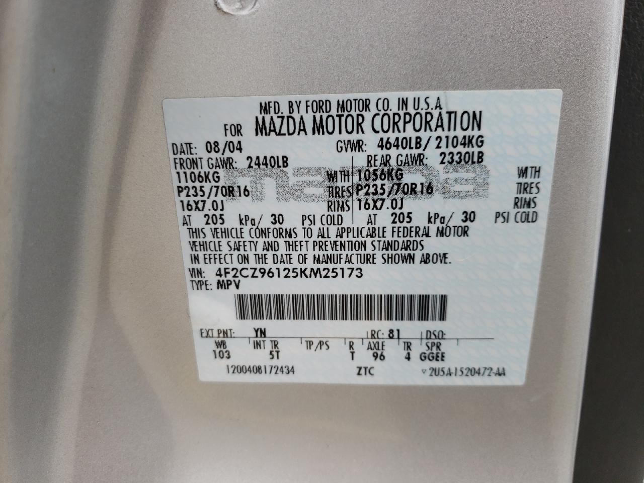 Photo 10 from auction – 2005 MAZDA TRIBUTE S with VIN 4F2CZ96125KM25173