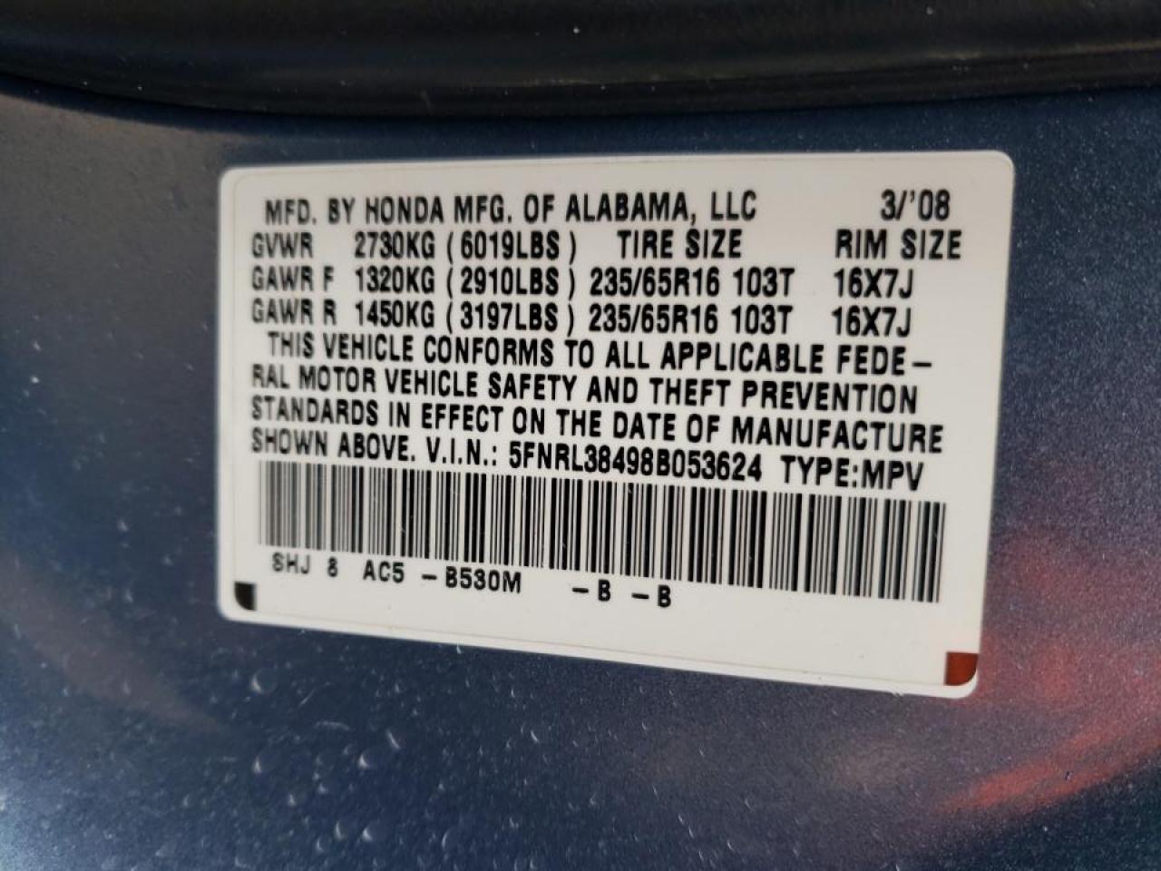 Photo 10 from auction – 2008 HONDA ODYSSEY EX with VIN 5FNRL38498B053624