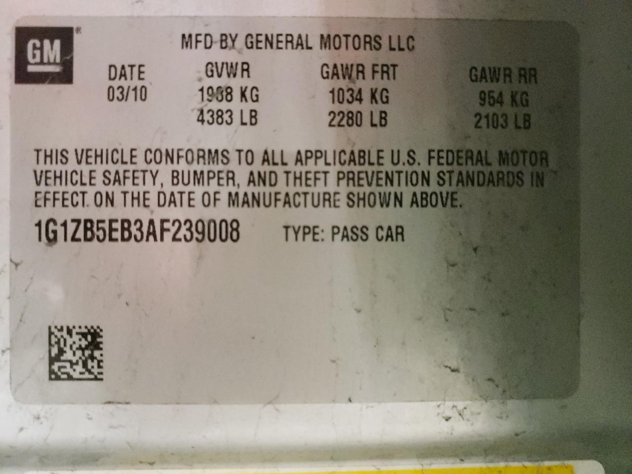 Photo 10 from auction – 2010 CHEVROLET MALIBU LS with VIN 1G1ZB5EB3AF239008