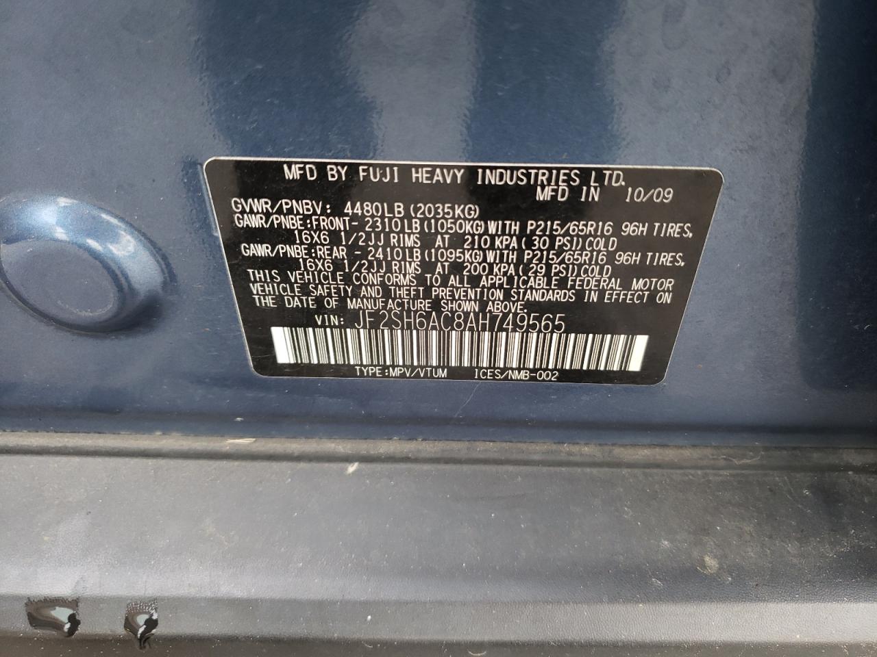 Photo 10 from auction – 2010 SUBARU FORESTER 2 with VIN JF2SH6AC8AH749565