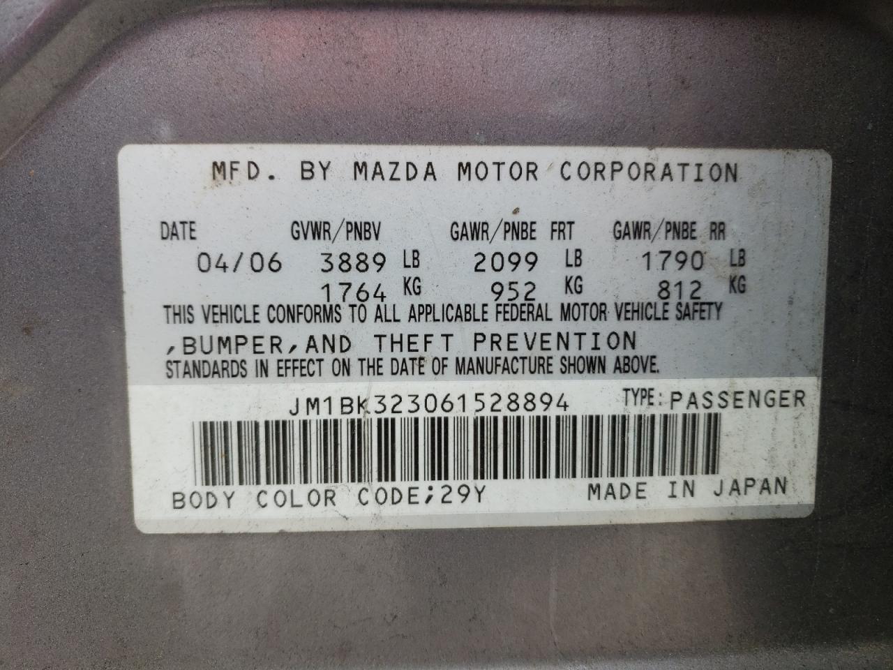 Photo 10 from auction – 2006 MAZDA 3 S with VIN JM1BK323061528894