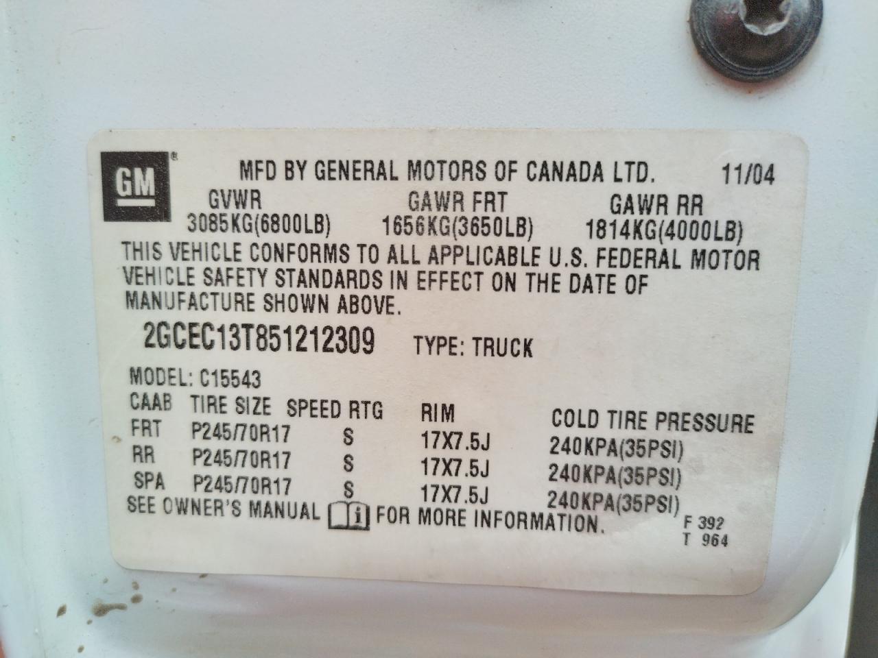 Zdjęcie 10 z aukcji – 2005 CHEVROLET SILVERADO z VIN 2GCEC13T851212309