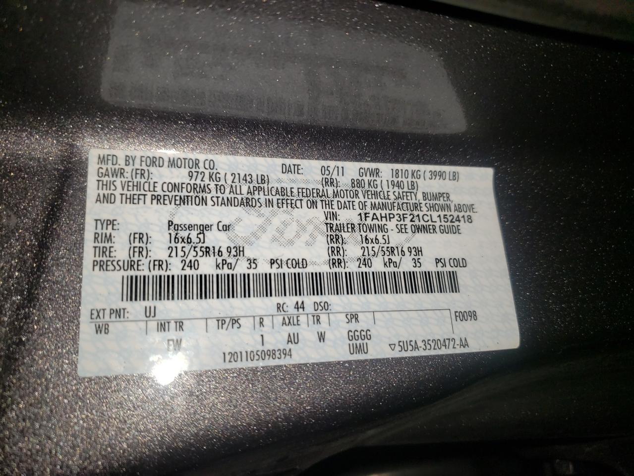 Photo 10 from auction – 2012 FORD FOCUS SE with VIN 1FAHP3F21CL152418