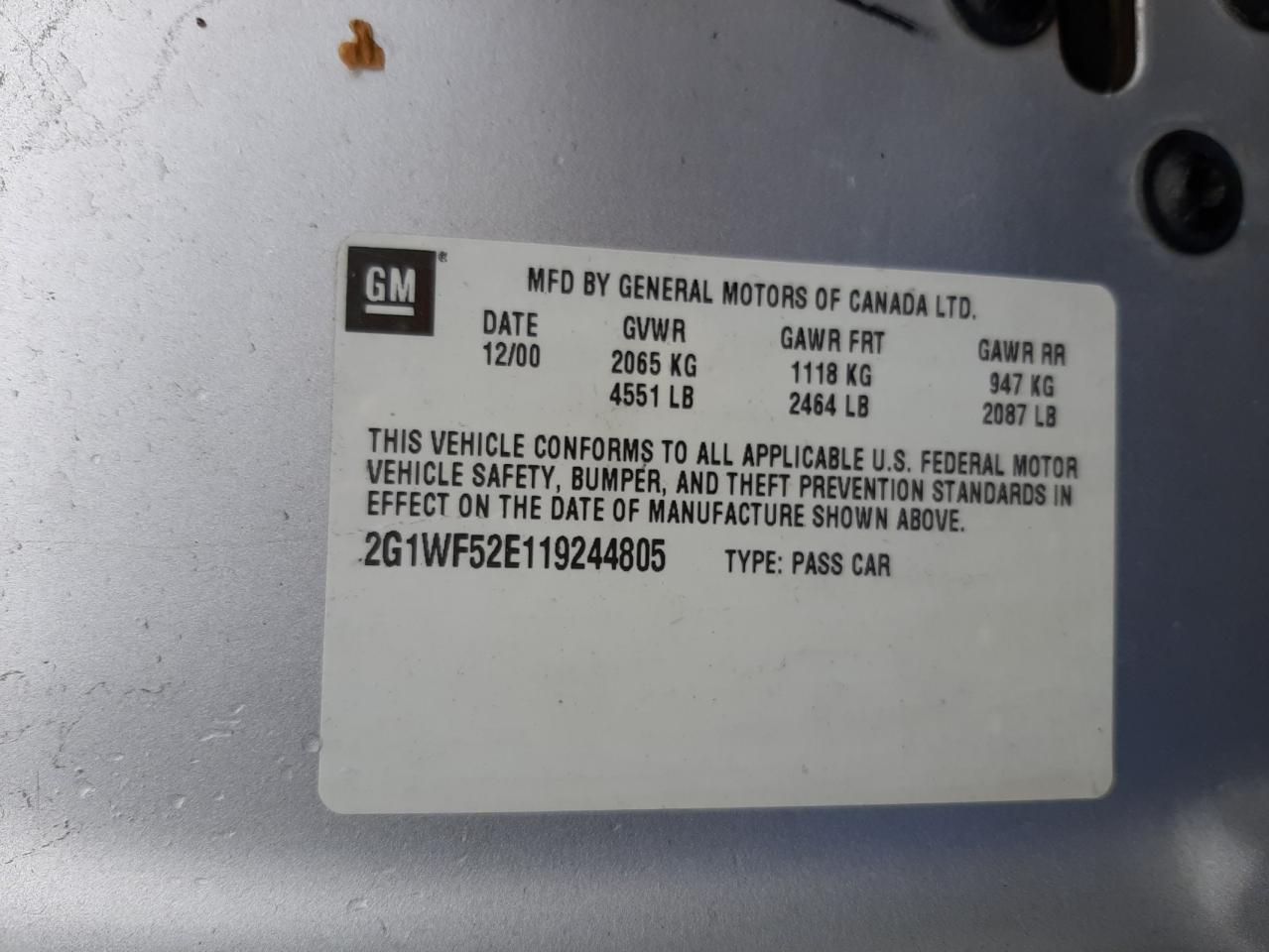 Photo 10 from auction – 2001 CHEVROLET IMPALA with VIN 2G1WF52E119244805