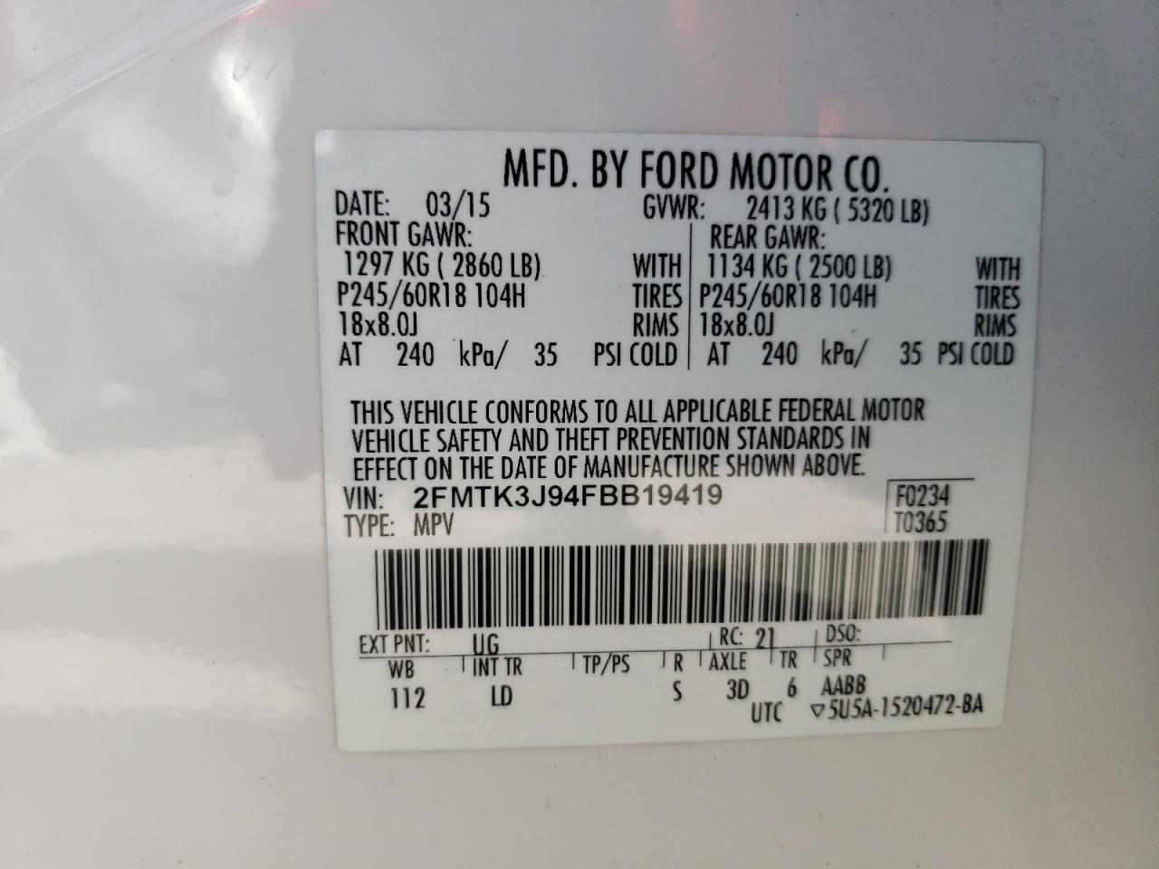 Photo 10 from auction – 2015 FORD EDGE SEL with VIN 2FMTK3J94FBB19419