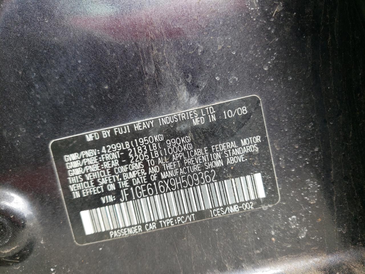 Photo 10 from auction – 2009 SUBARU IMPREZA 2. with VIN JF1GE616X9H509362