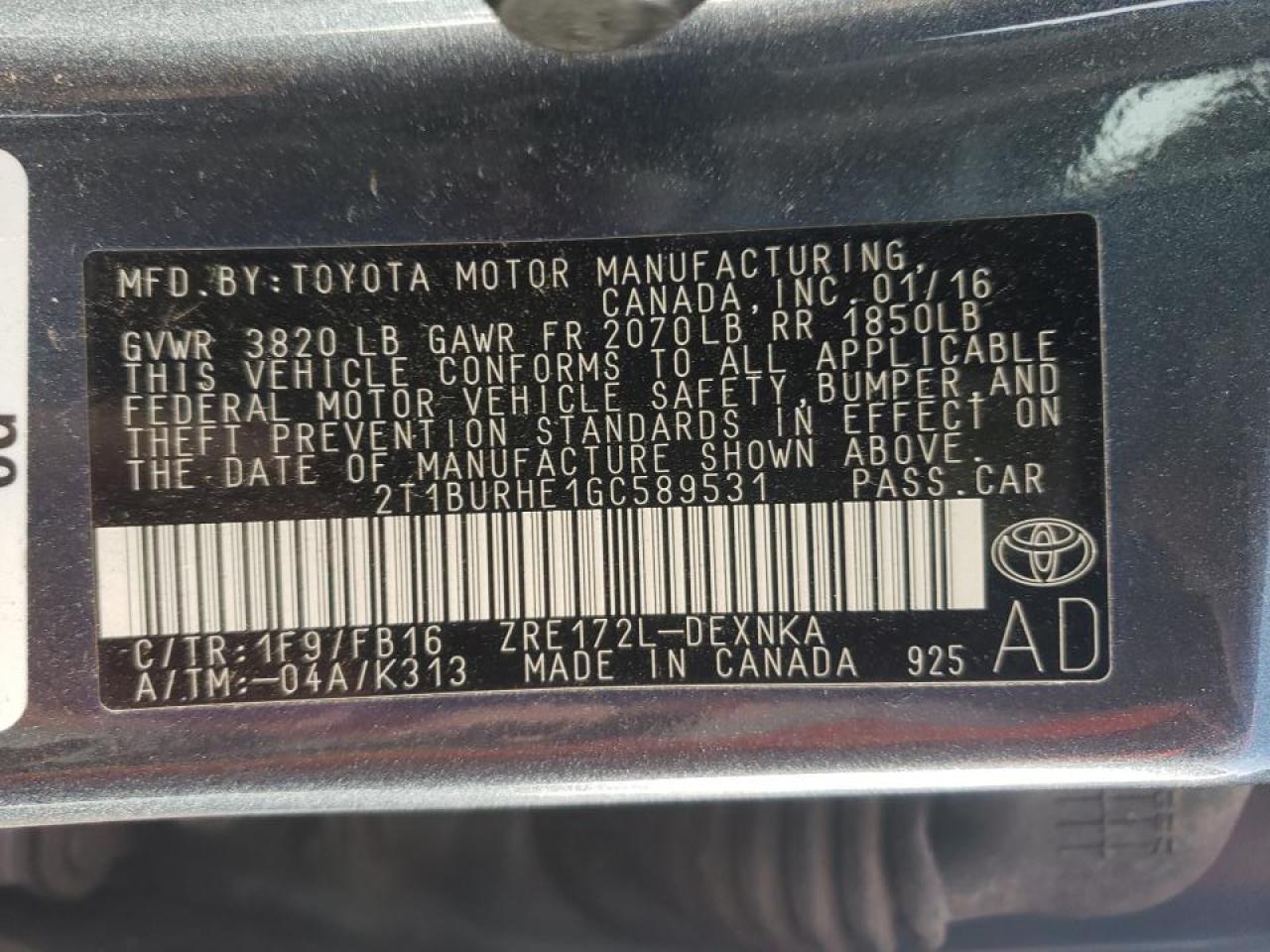 Photo 10 from auction – 2016 TOYOTA COROLLA L with VIN 2T1BURHE1GC589531