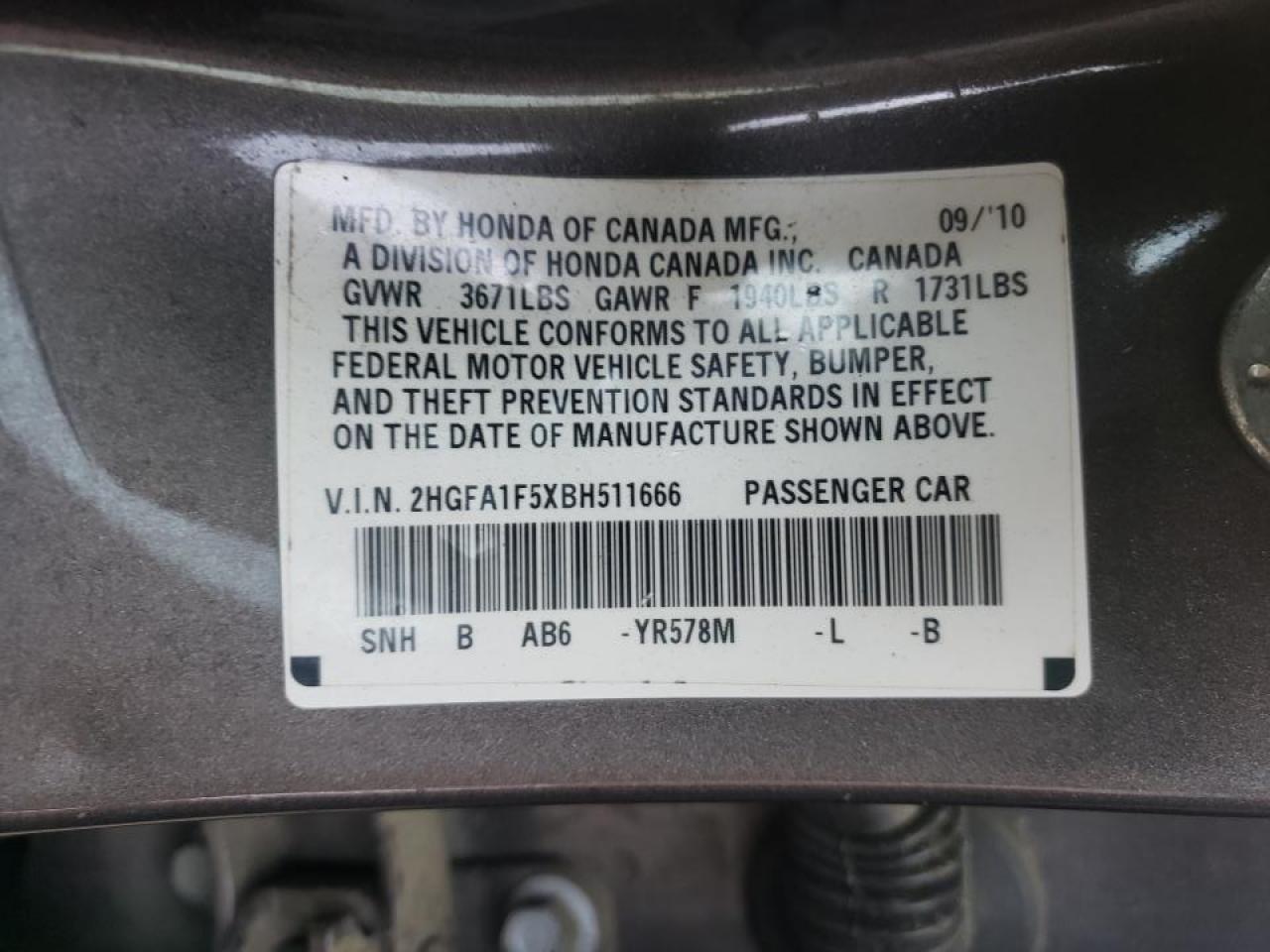 Photo 10 from auction – 2011 HONDA CIVIC LX with VIN 2HGFA1F5XBH511666
