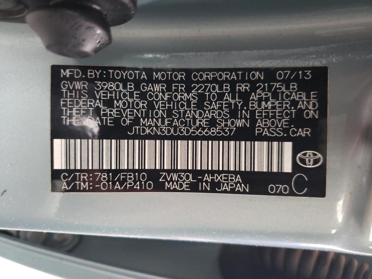 Photo 10 from auction – 2013 TOYOTA PRIUS with VIN JTDKN3DU3D5668537