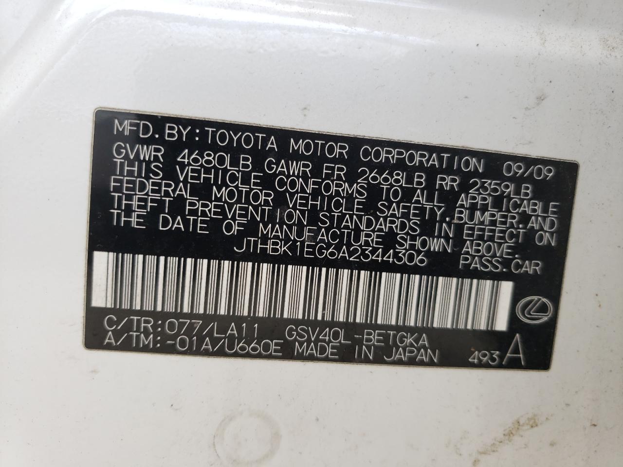 Photo 10 from auction – 2010 LEXUS ES 350 with VIN JTHBK1EG6A2344306