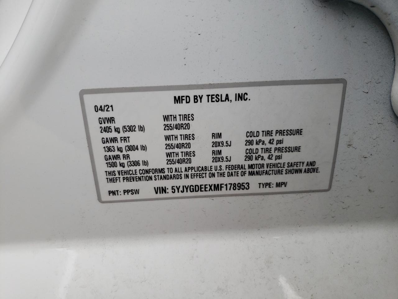 Photo 10 from auction – 2021 TESLA MODEL Y with VIN 5YJYGDEEXMF178953