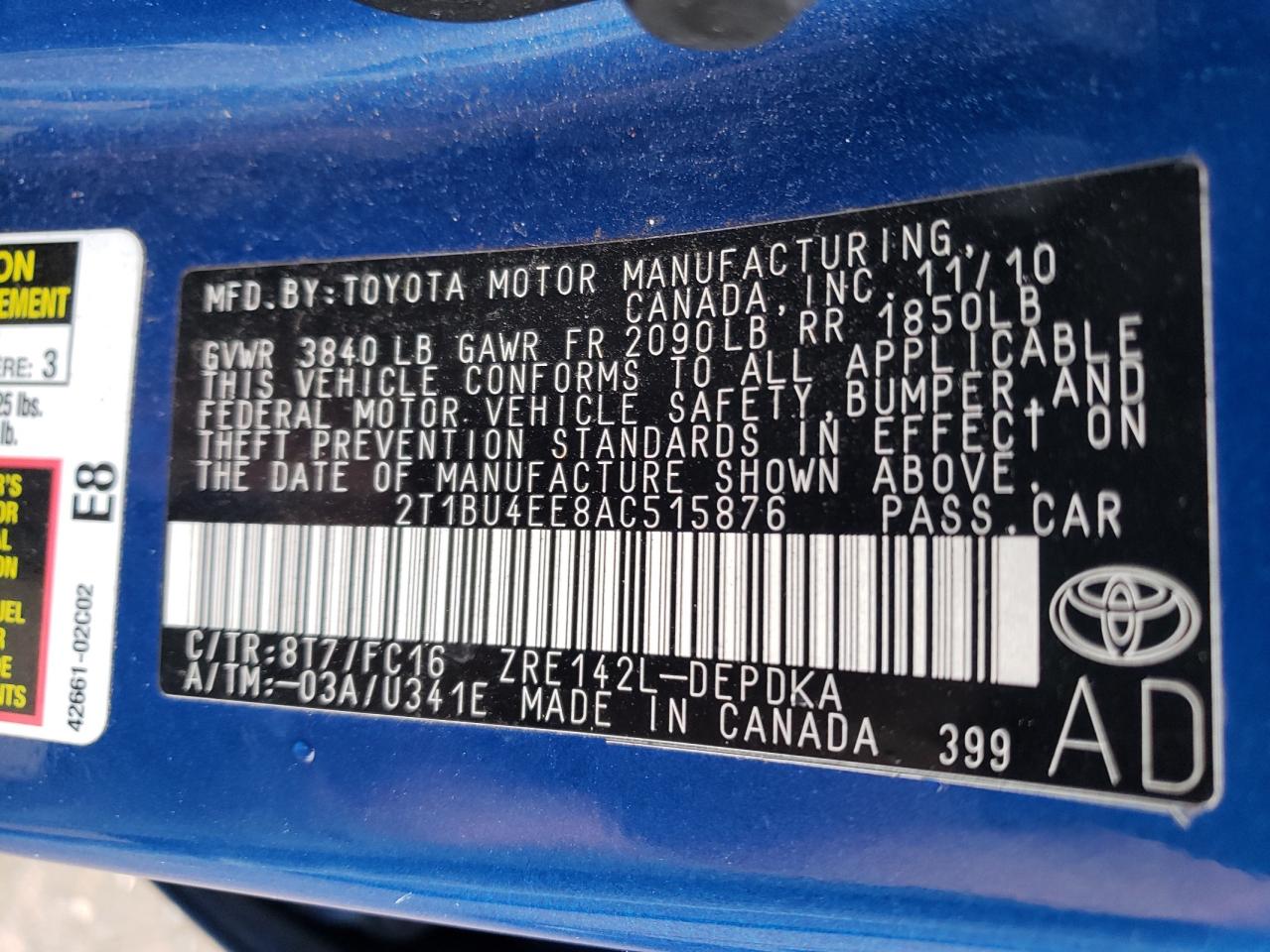 Photo 10 from auction – 2010 TOYOTA CAROLLA with VIN 2T1BU4EE8AC515876