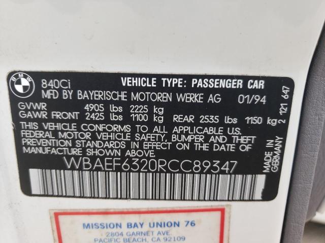 Photo 10 from auction – 1994 BMW 840 CI AUT with VIN WBAEF6320RCC89347