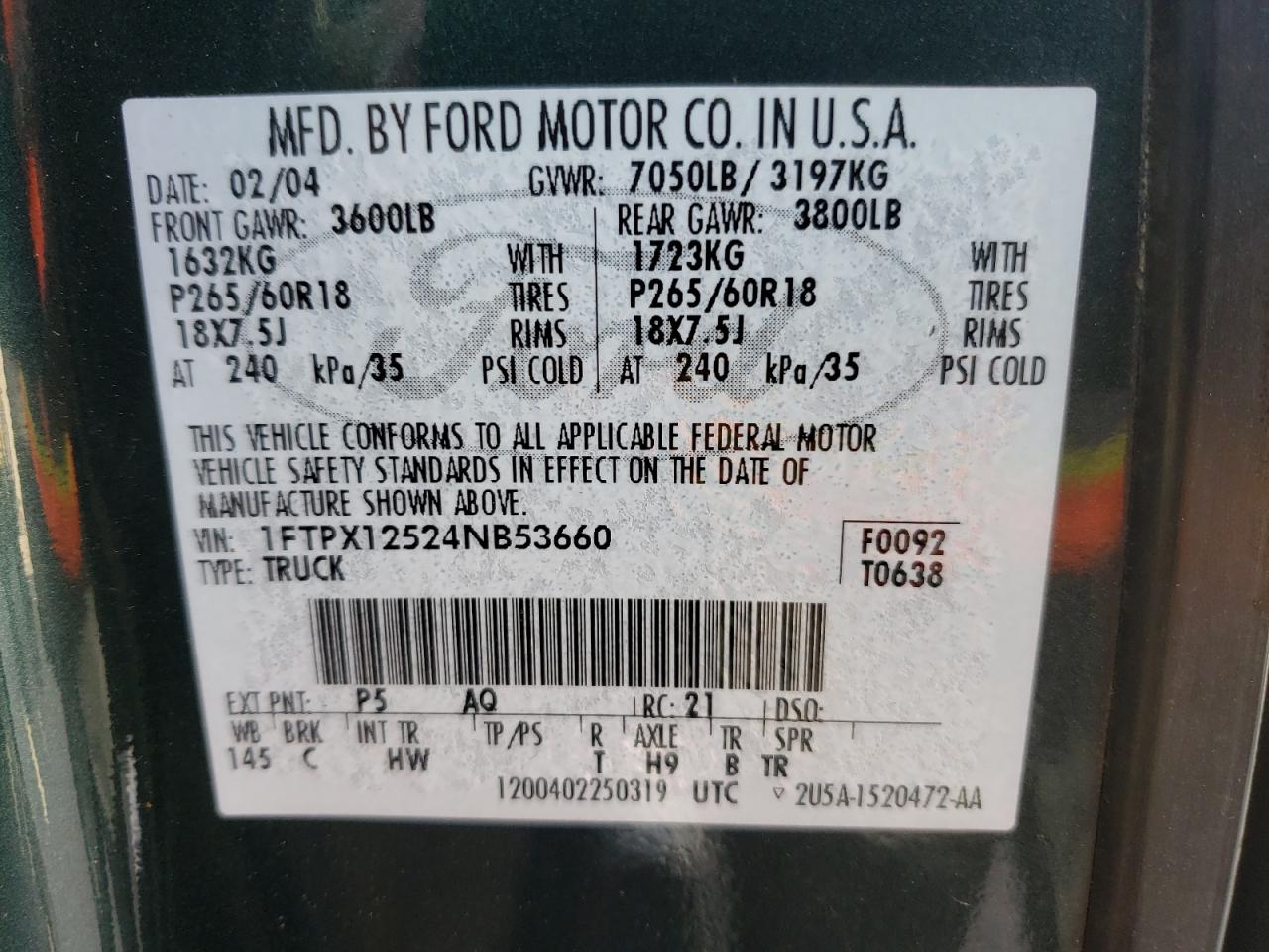 Photo 10 from auction – 2004 FORD F150 with VIN 1FTPX12524NB53660