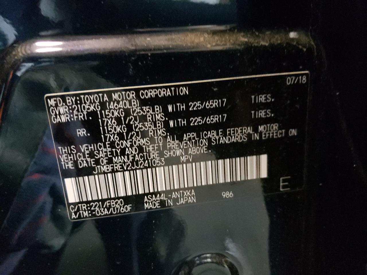 Photo 10 from auction – 2018 TOYOTA RAV4 LE with VIN JTMBFREV2JJ241053