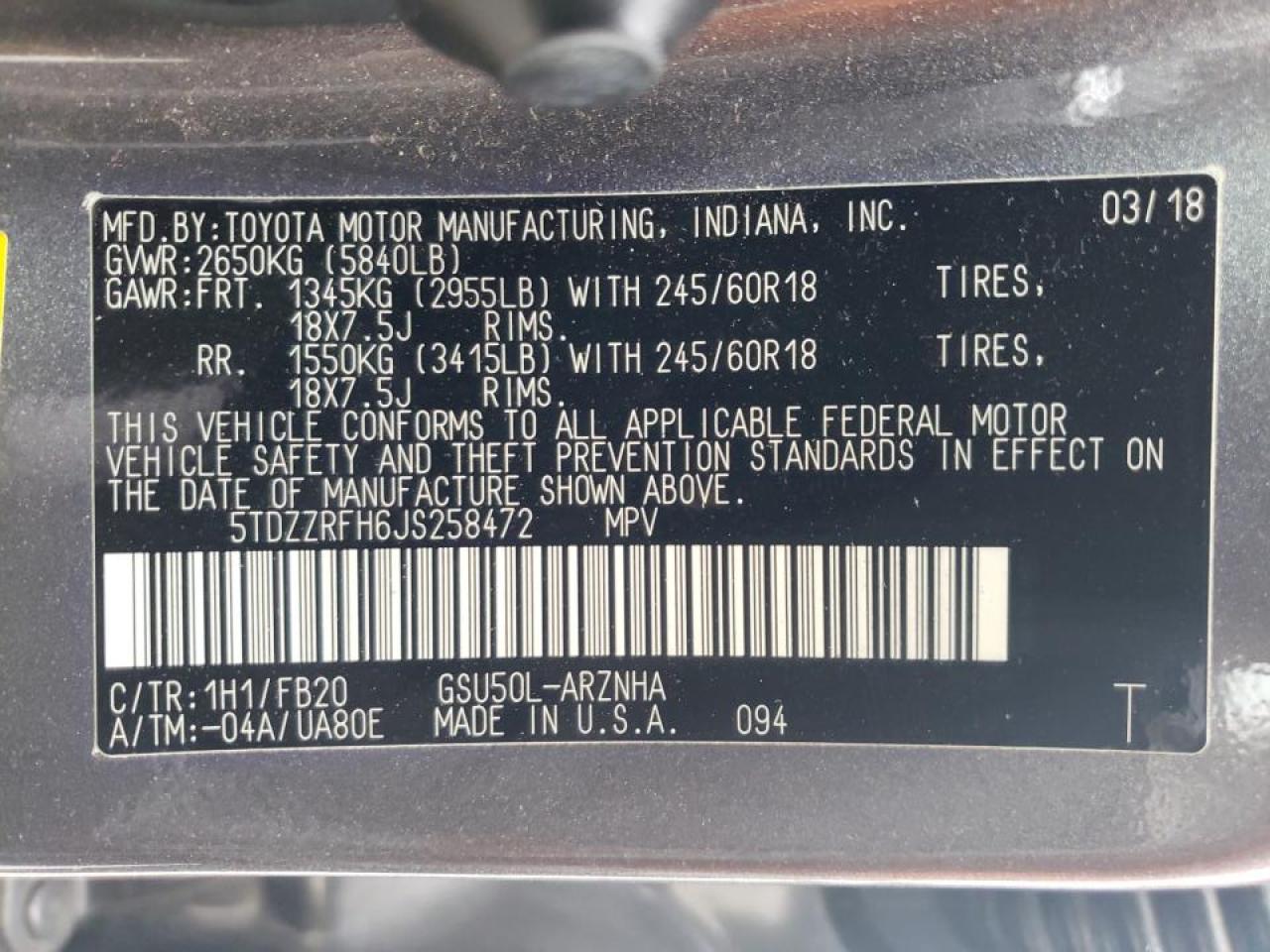 Photo 10 from auction – 2018 TOYOTA HIGHLANDER with VIN 5TDZZRFH6JS258472