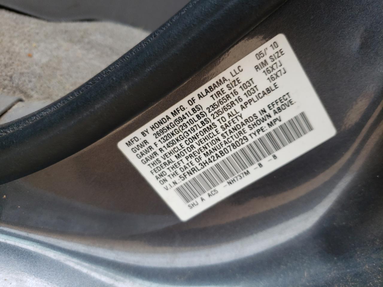 Photo 10 from auction – 2010 HONDA ODYSSEY EX with VIN 5FNRL3H42AB078029
