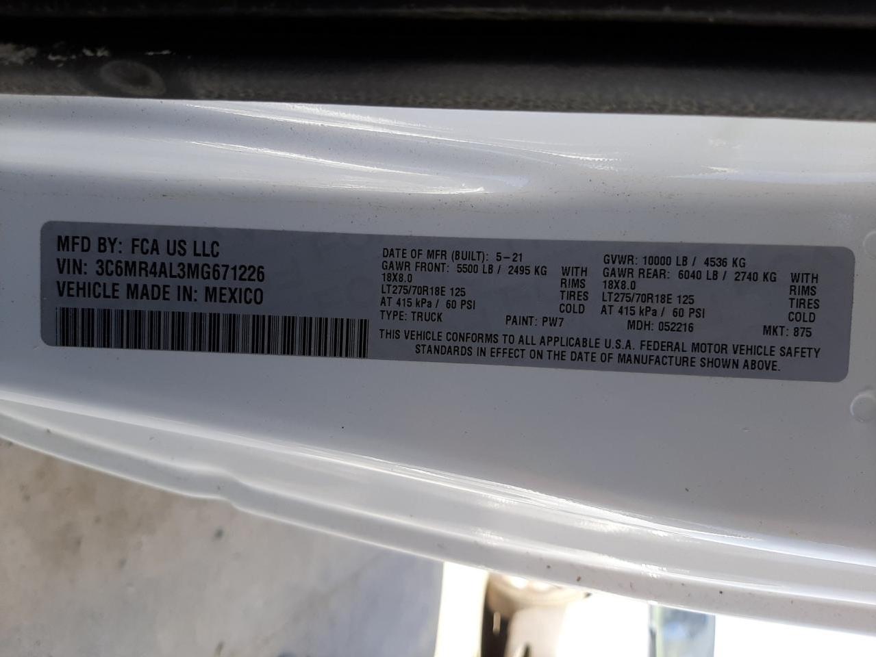 Photo 10 from auction – 2021 RAM 2500 TRADE with VIN 3C6MR4AL3MG671226