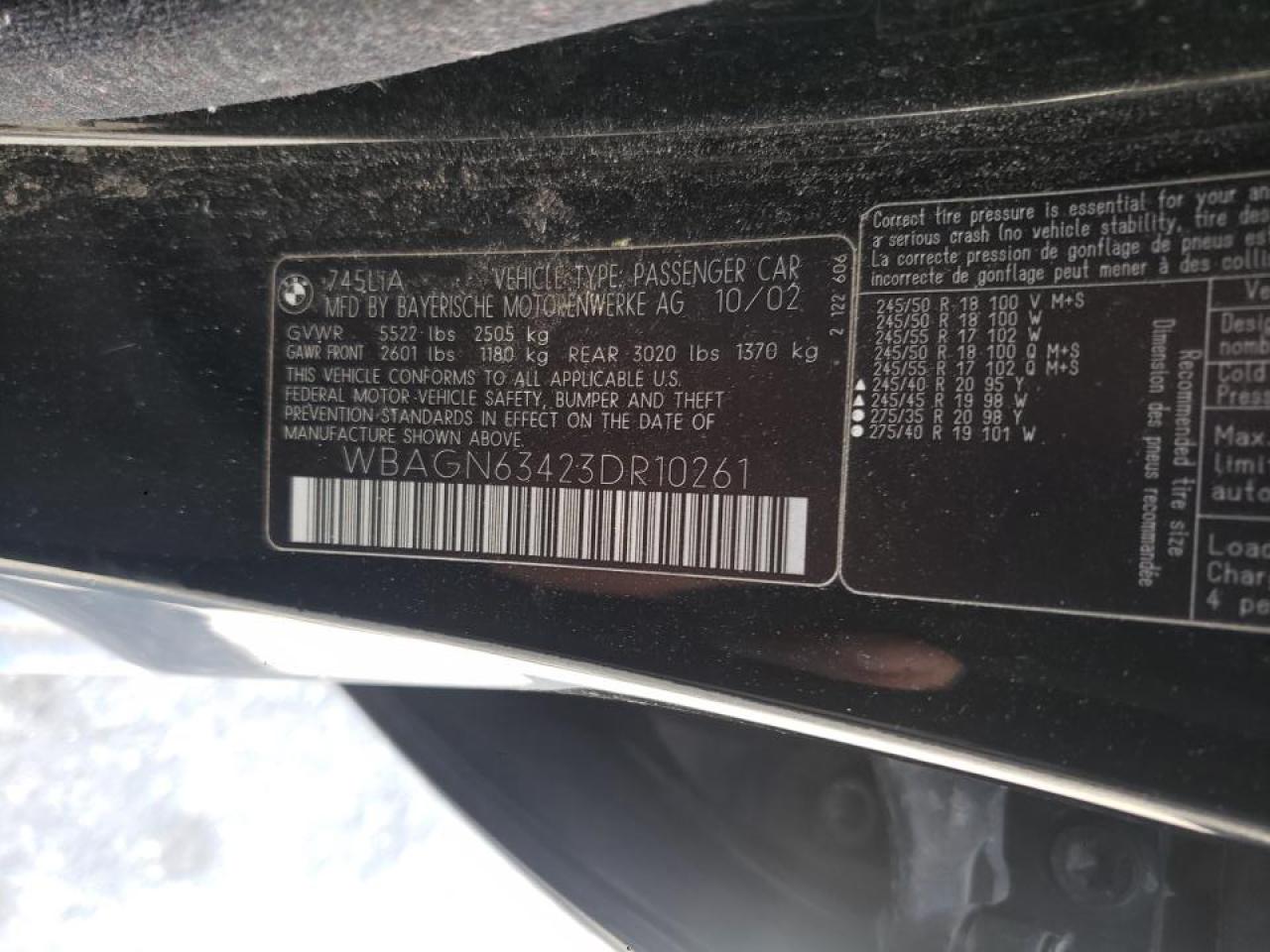 Photo 10 from auction – 2003 BMW 745 LI with VIN WBAGN63423DR10261