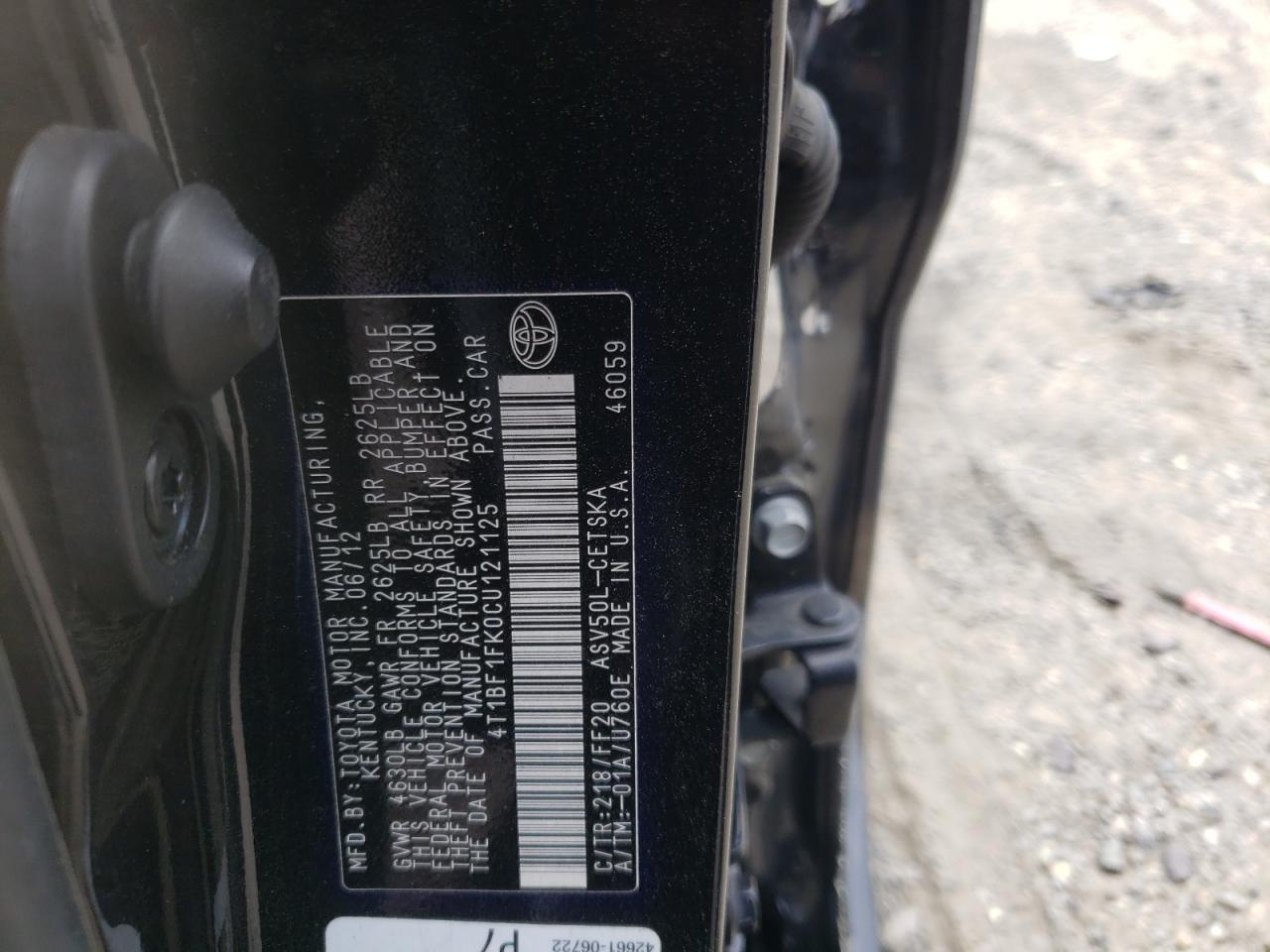 Photo 10 from auction – 2012 TOYOTA CAMRY BASE with VIN 4T1BF1FK0CU121125