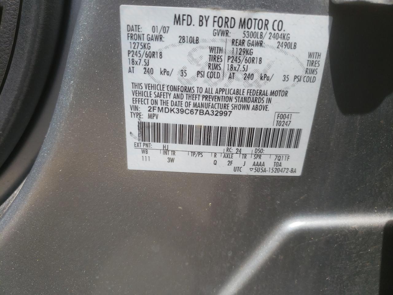 Фото 10 с аукциона – 2007 FORD EDGE SEL P с VIN 2FMDK39C67BA32997