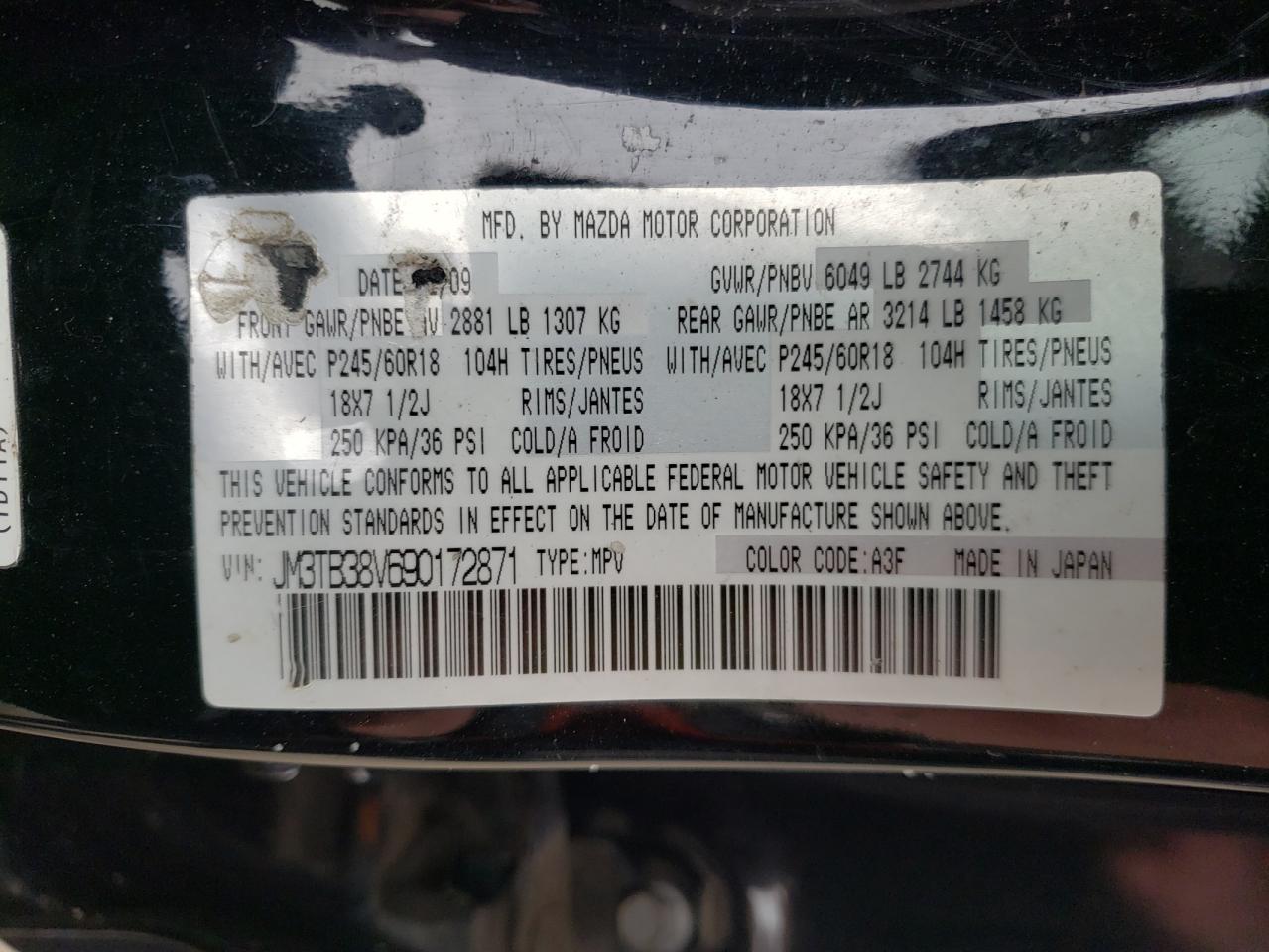 Photo 10 from auction – 2009 MAZDA CX-9 with VIN JM3TB38V690172871