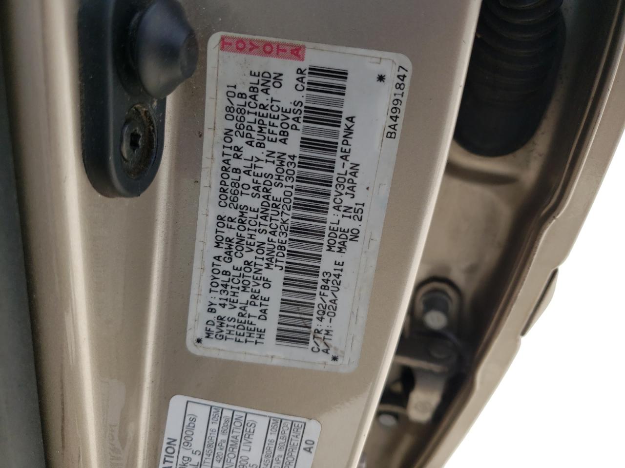 Photo 10 from auction – 2002 TOYOTA CAMRY LE with VIN JTDBE32K720013034