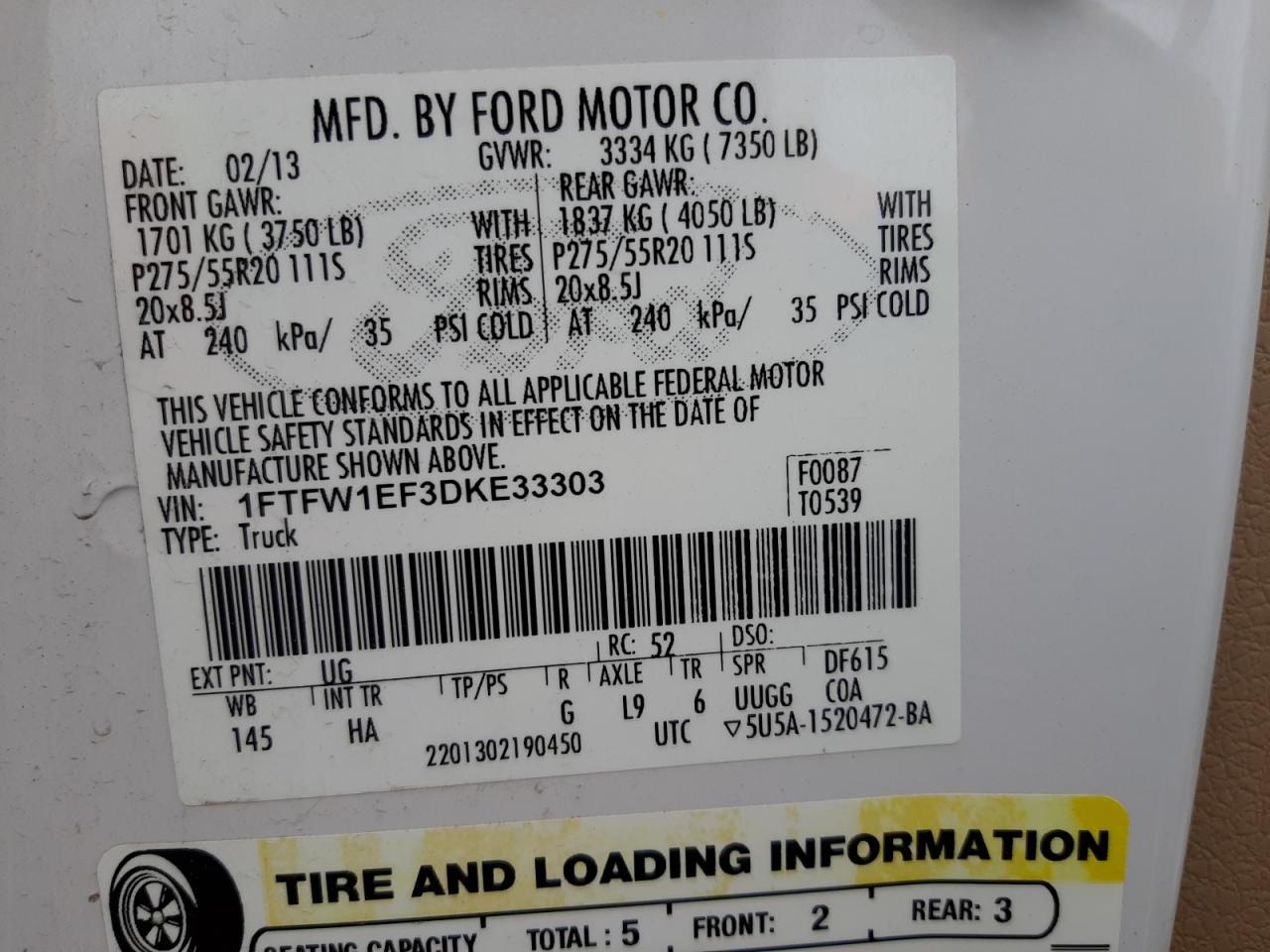 Photo 10 from auction – 2013 FORD F150 SUPER with VIN 1FTFW1EF3DKE33303