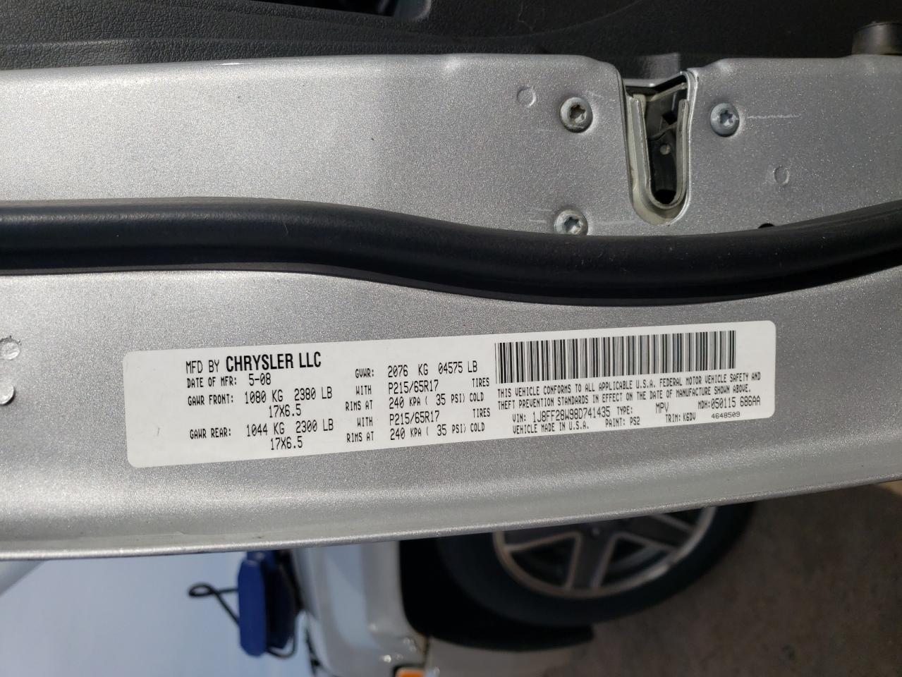 Photo 10 from auction – 2008 JEEP PATRIOT SP with VIN 1J8FF28W98D741435